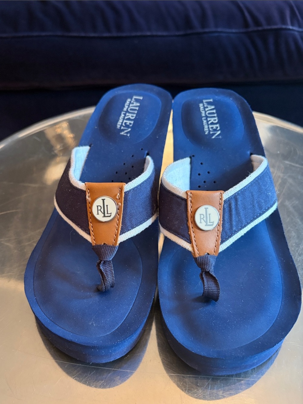 Ralph Lauren Navy Blue and White Flip Flops 3” High